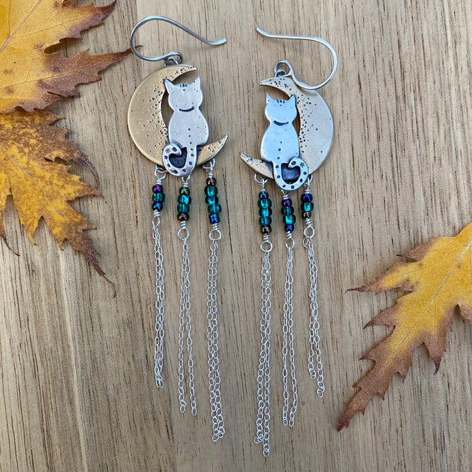 Mixed Metal Moon Cat Fringe Earrings