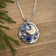 Load image into Gallery viewer, Lapiz Lazuli &amp; Moonstone Mixed Metal Pebble Necklace / 20”