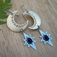 Load image into Gallery viewer, Amethyst Moon &amp; Stars Dangle Earrings