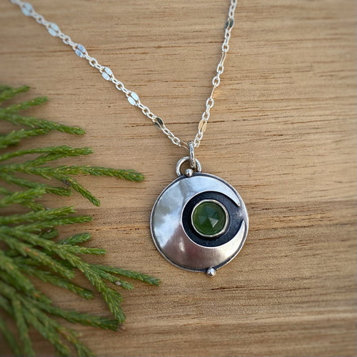 Green Serpentine Domed Moon Necklace / 20.5”