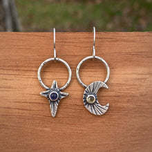 Load image into Gallery viewer, Citrine &amp; Iolite Moon and Star Hoop Earrings