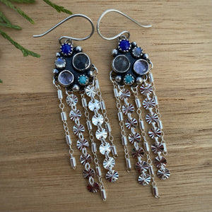 Labradorite, Lapis, Moonstone, Amethyst, & Amazonite Cluster Fringe Earrings