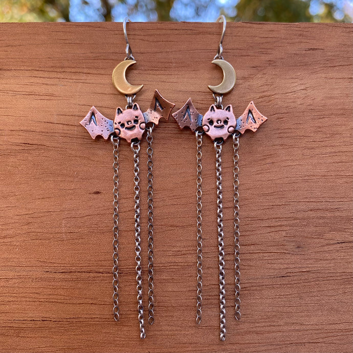 Mixed Metal Bat Fringe Earrings