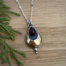 Load image into Gallery viewer, Garnet Teardrop Mixed Metal Moon Necklace / 18”