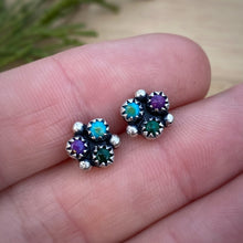 Load image into Gallery viewer, Sleeping Beauty Turquoise, Purple Copper Turquoise, &amp; Malachite Cluster Stud Earrings