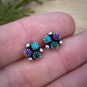 Sleeping Beauty Turquoise, Purple Copper Turquoise, & Malachite Cluster Stud Earrings