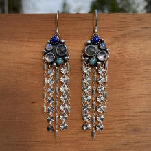 Load image into Gallery viewer, Labradorite, Lapis, Moonstone, Amethyst, &amp; Amazonite Cluster Fringe Earrings