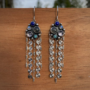 Labradorite, Lapis, Moonstone, Amethyst, & Amazonite Cluster Fringe Earrings