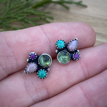 Load image into Gallery viewer, Peridot, Pink Opal, Turquoise, &amp; Purple Copper Turquoise Cluster Stud Earrings