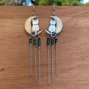 Mixed Metal Moon Cat Fringe Earrings