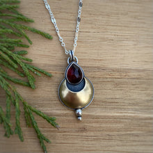 Load image into Gallery viewer, Garnet Teardrop Mixed Metal Moon Necklace / 18”