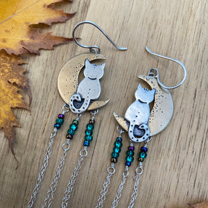 Mixed Metal Moon Cat Fringe Earrings