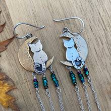 Load image into Gallery viewer, Mixed Metal Moon Cat Fringe Earrings