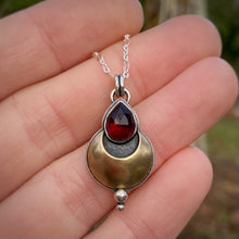 Load image into Gallery viewer, Garnet Teardrop Mixed Metal Moon Necklace / 18”