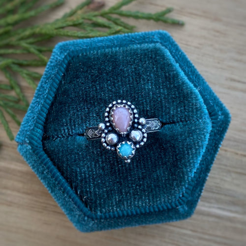 Pink Opal & Amazonite Ornate Ring / Size 4