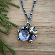 Load image into Gallery viewer, Morganite &amp; Pink Sapphire Mixed Metal Moon Necklace / 18”