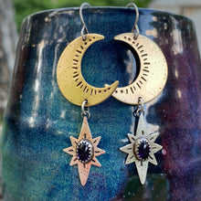 Load image into Gallery viewer, Amethyst Moon &amp; Stars Dangle Earrings