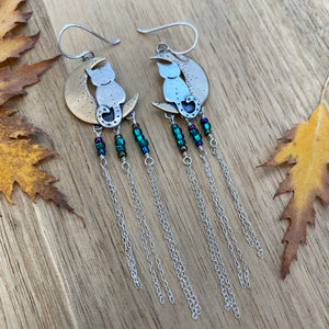 Mixed Metal Moon Cat Fringe Earrings