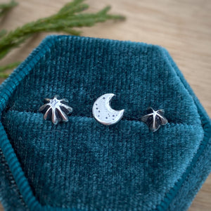 (Set of 3) 3D Moon & Stars Stud Earrings Set {A}