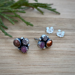 Sunstone, Ruby, & Peach Moonstone Cluster Stud Earrings