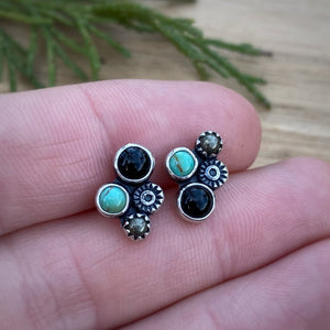 Turquoise, Onyx, & Pyrite Cluster Stud Earrings